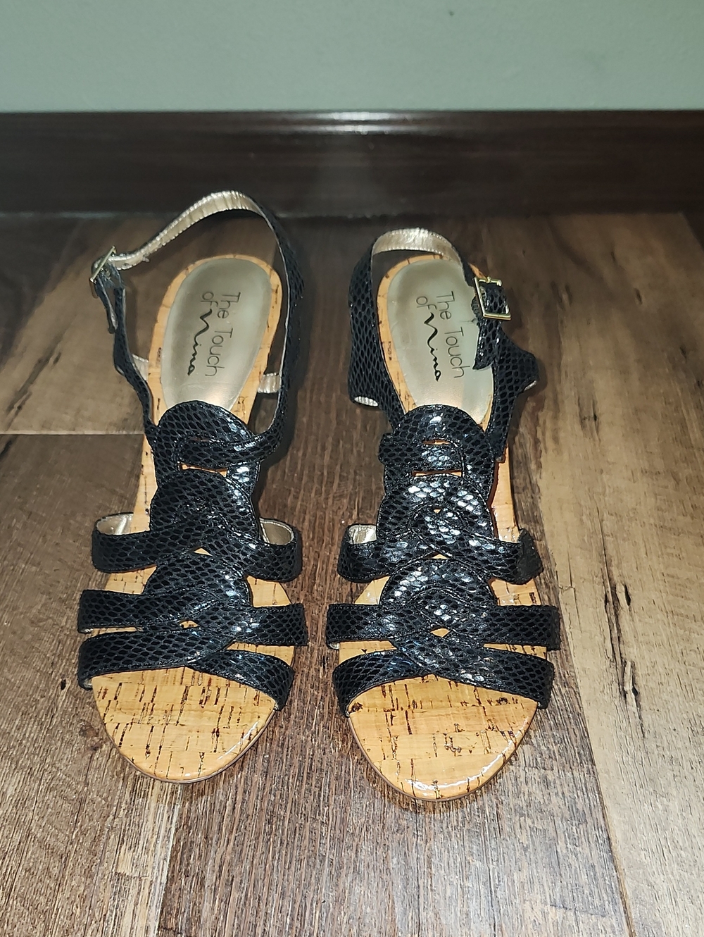 Touch of Nina Black Braided Strappy Cork Wedge Sandals